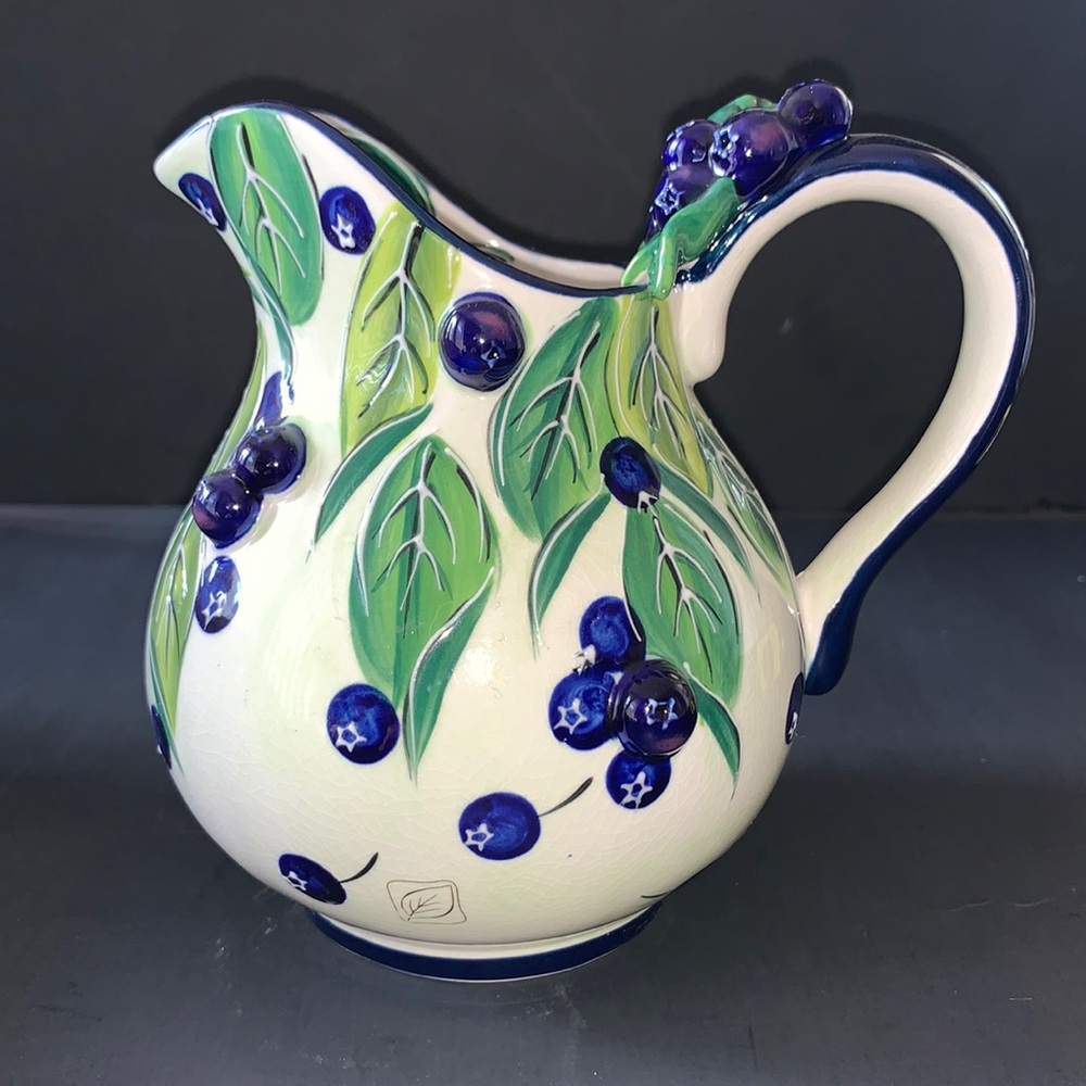 J. McCall Pitcher Creamer Blueberries Blue Sky 2004 Handpainted Floral Clayworks